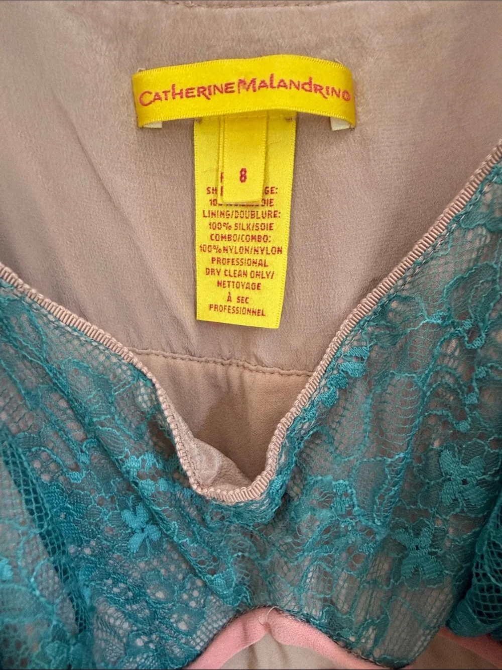 Catherine Malandrino Teal Silk Maxi Dress with Pink Trim and White Floral Print